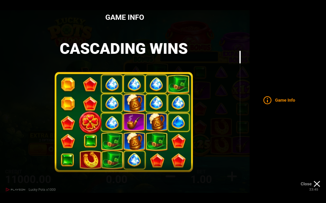 Lucky Pots x1000 cascading wins information screen