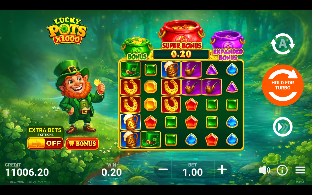 Lucky Pots x1000 gameplay with filled green bonus pot