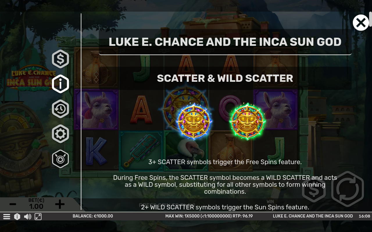 Luke E. Chance and the Inca Sun God information screen