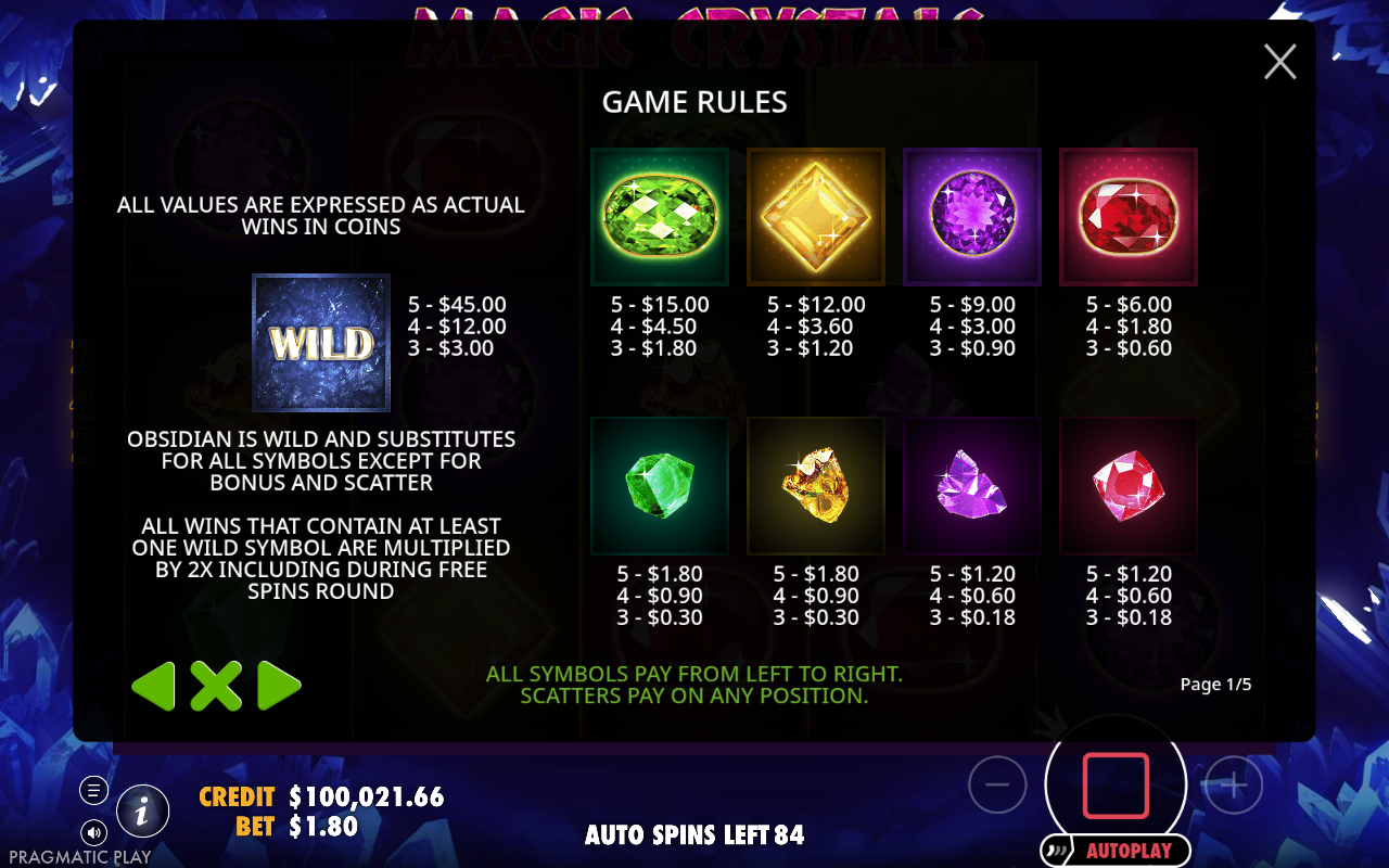 Magic Crystals information screen showing the wild symbol rules