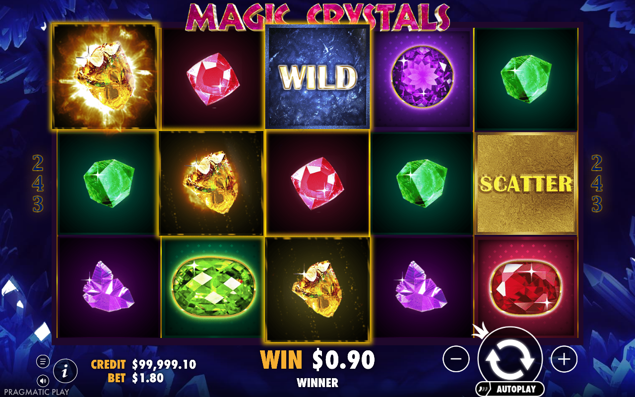 Magic Crystals gameplay showing a win with wild and scatter symbols on the reels