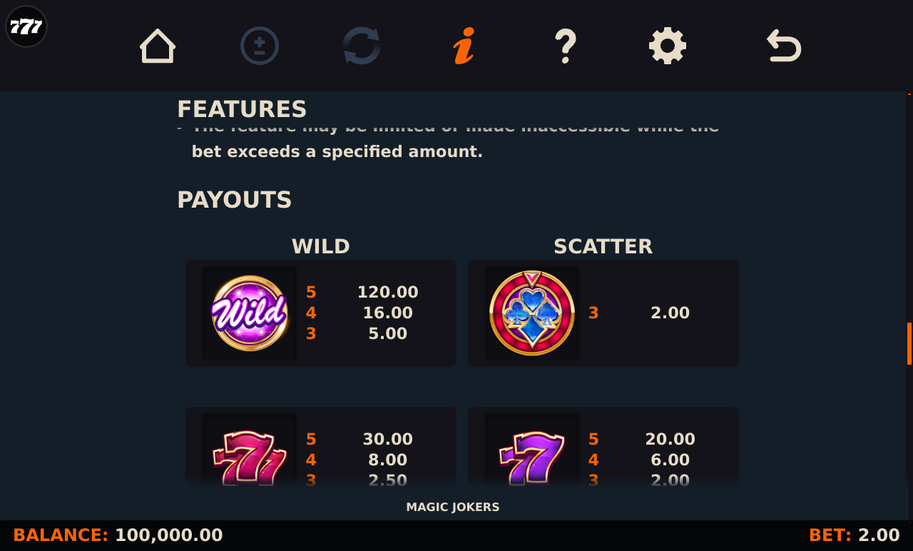 Magic Jokers information screen