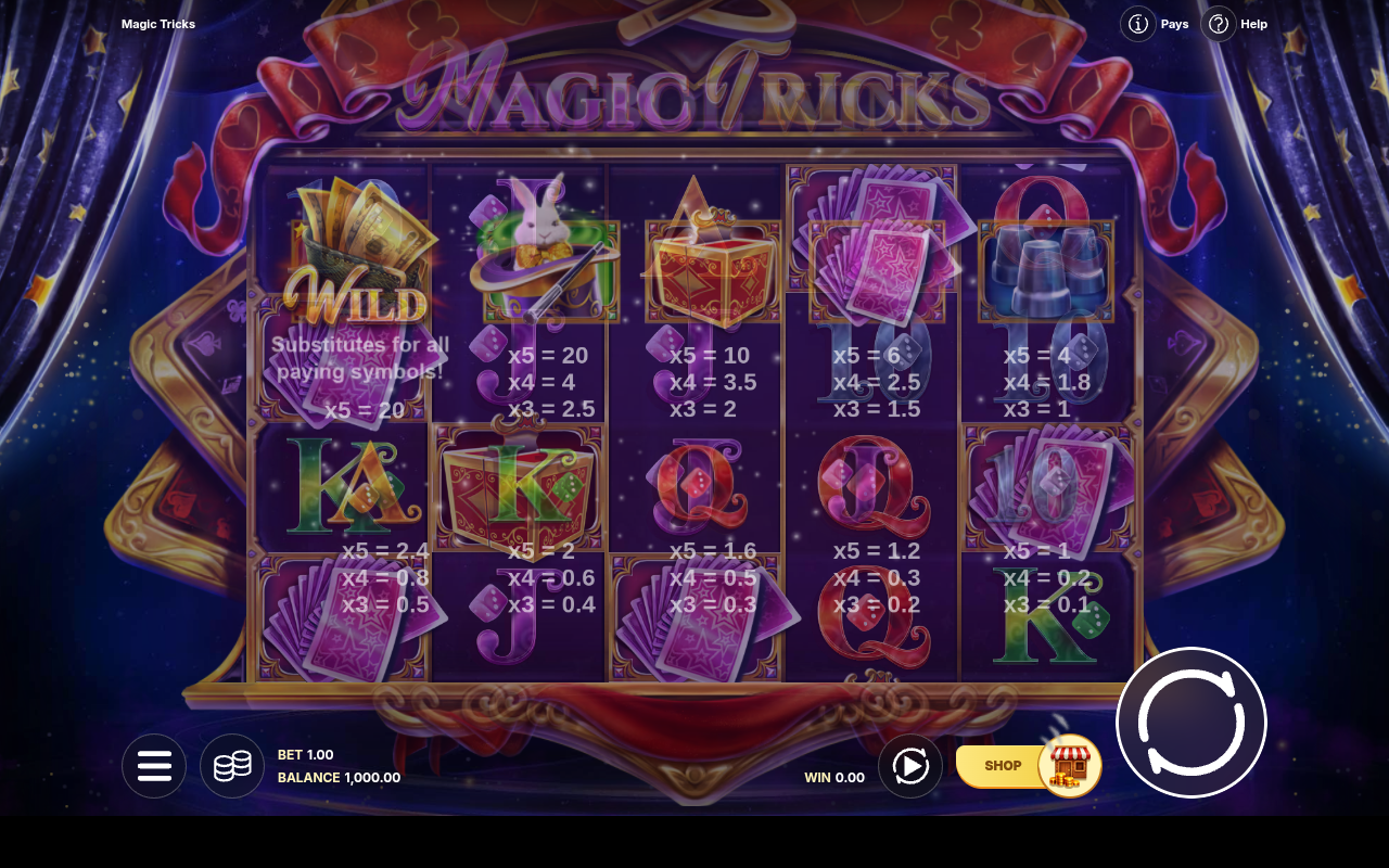 Magic Tricks information screen showing the wild symbol rules