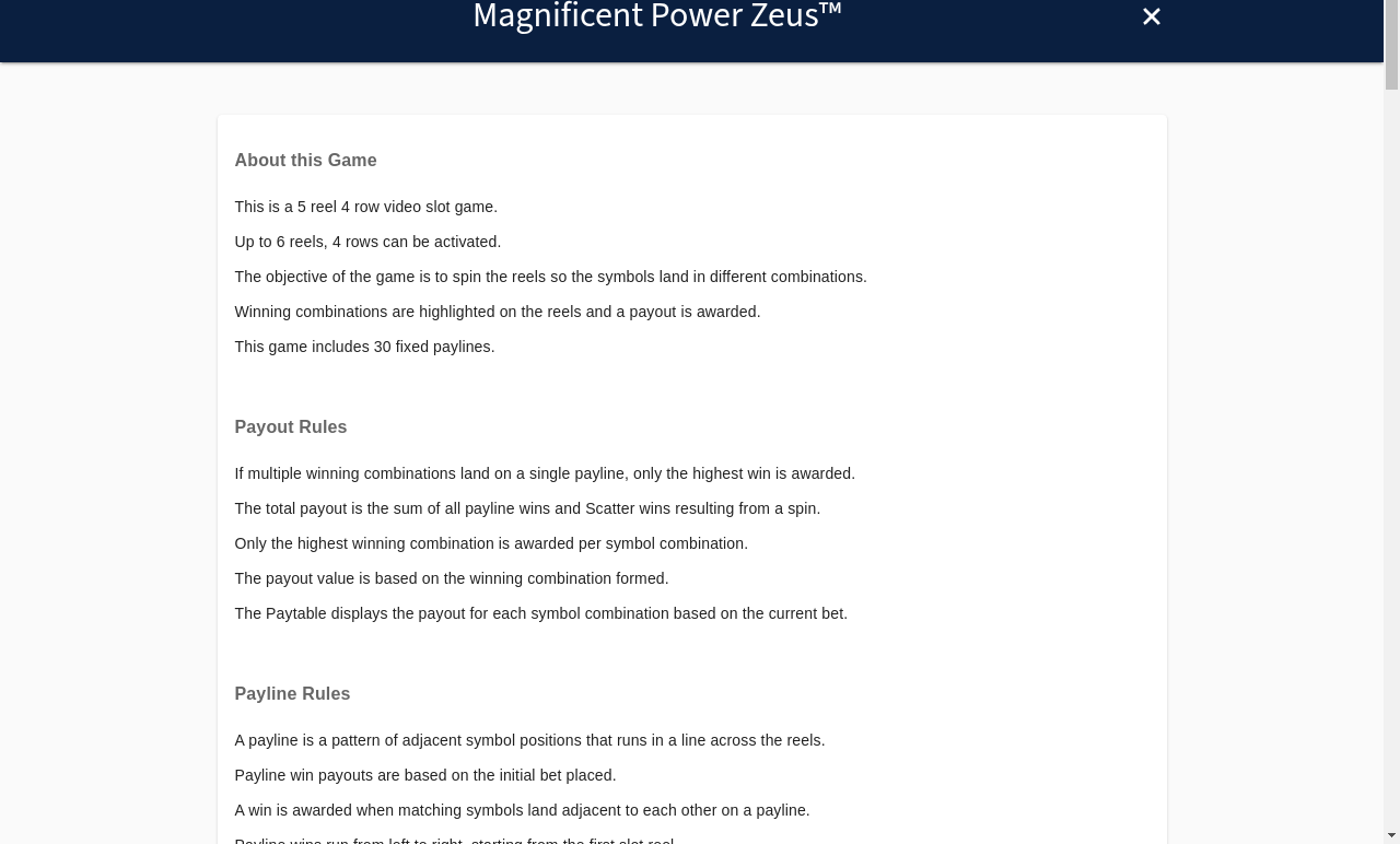 Magnificent Power Zeus information screen