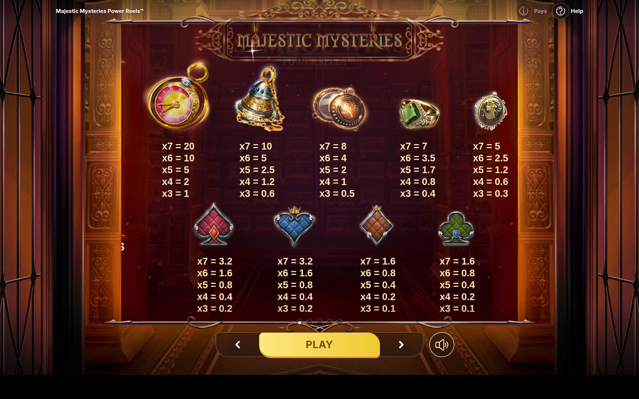 Majestic Mysteries Power Reels information screen