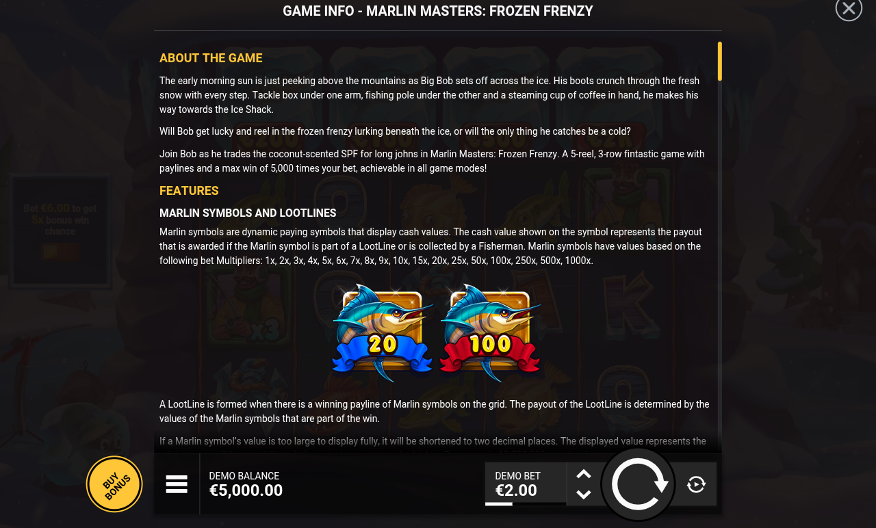 Marlin Masters: Frozen Frenzy information screen