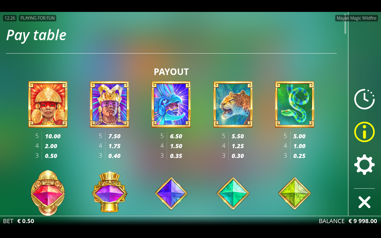 Mayan Magic Wildfire information screen