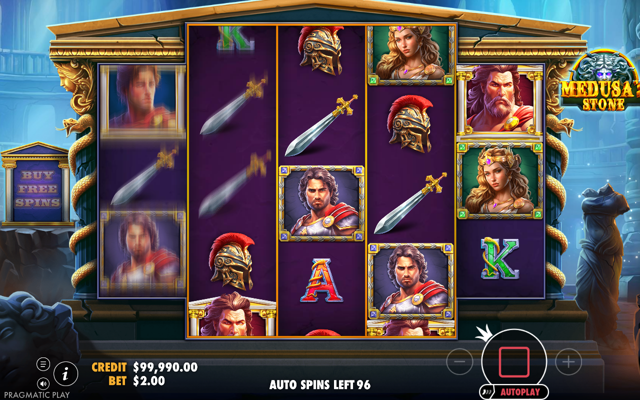 Medusa's Stone gameplay showing the bonus buy option