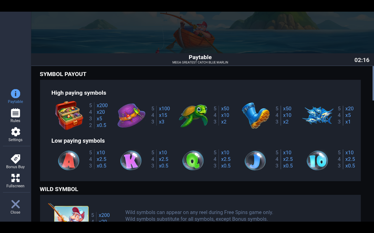 Mega Greatest Catch Blue Marlin information screen