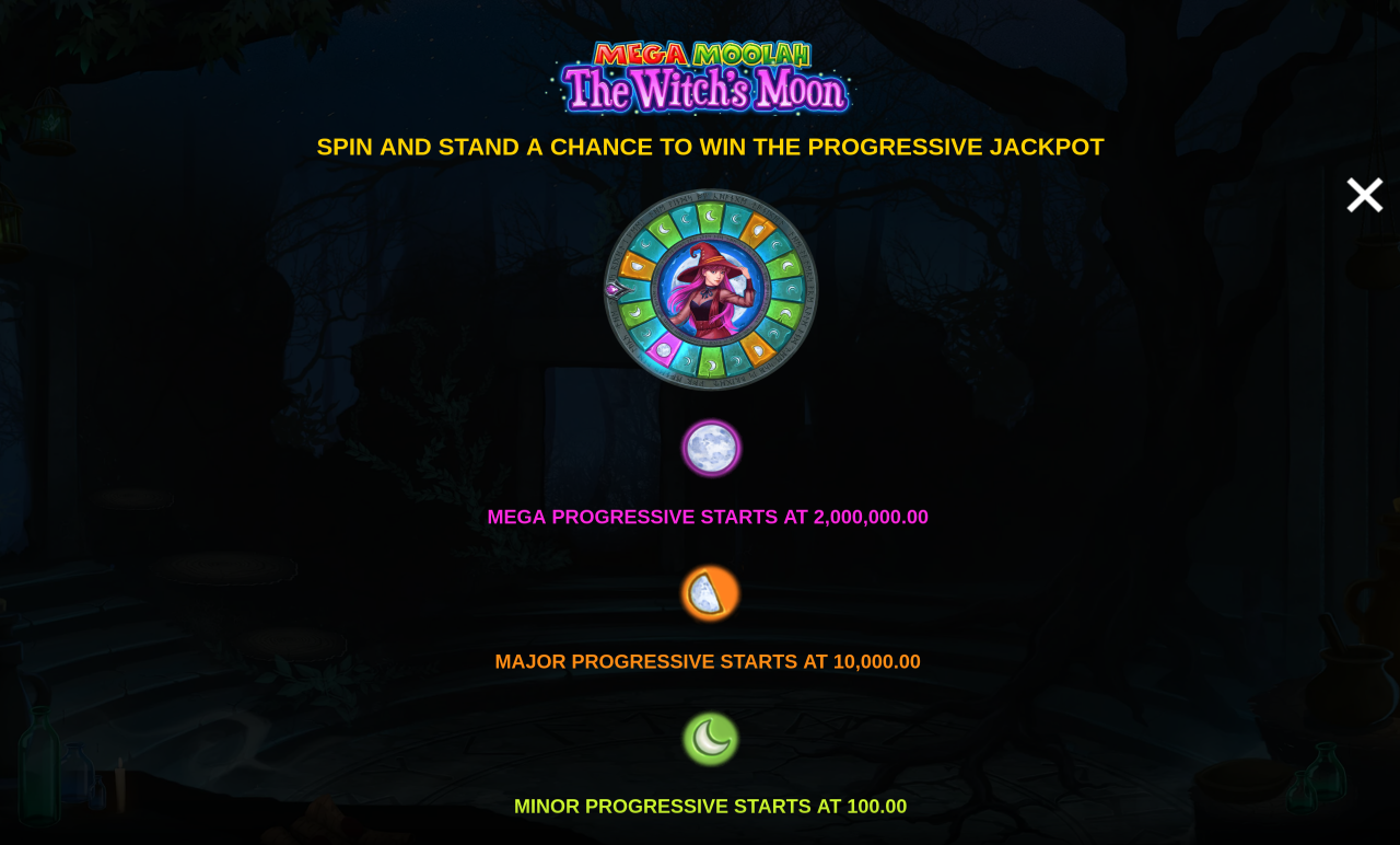 Mega Moolah The Witch's Moon jackpot rules screen