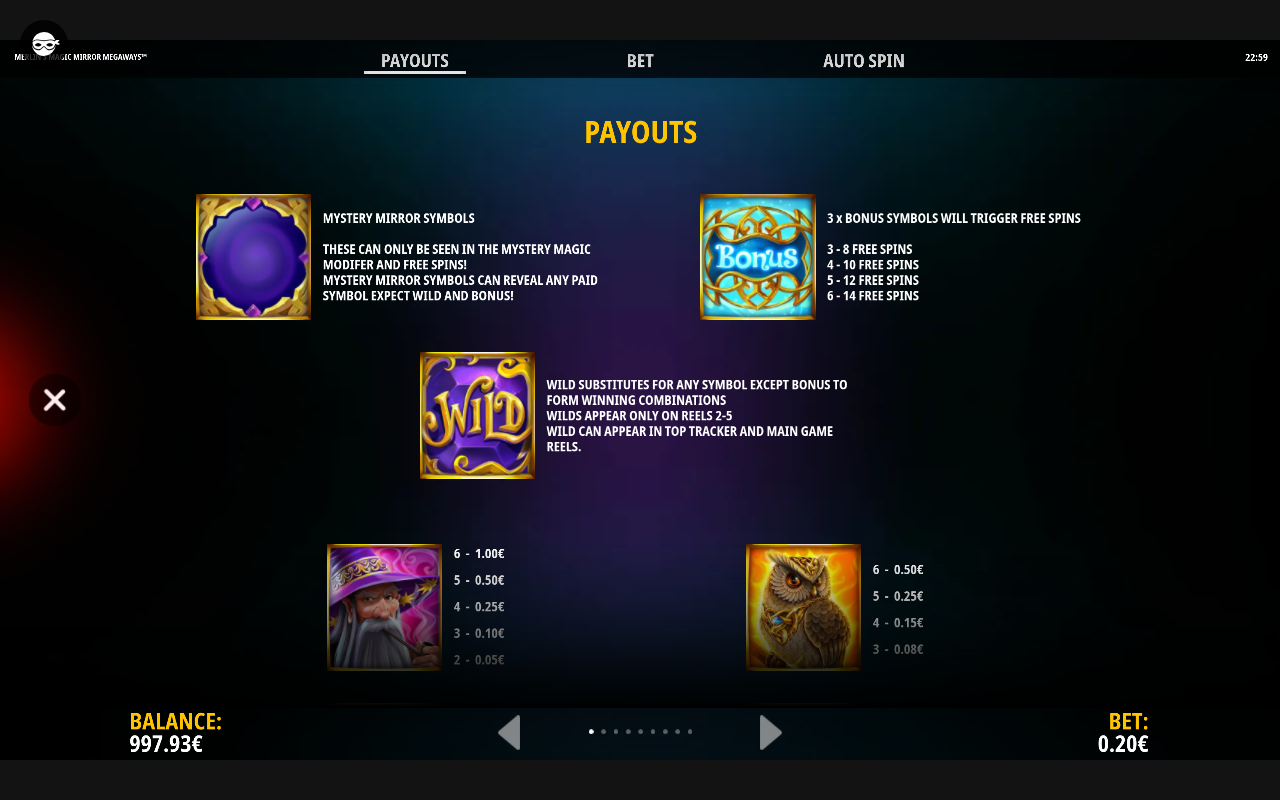 Merlin S Magic Mirror Megaways payouts and special symbols screen
