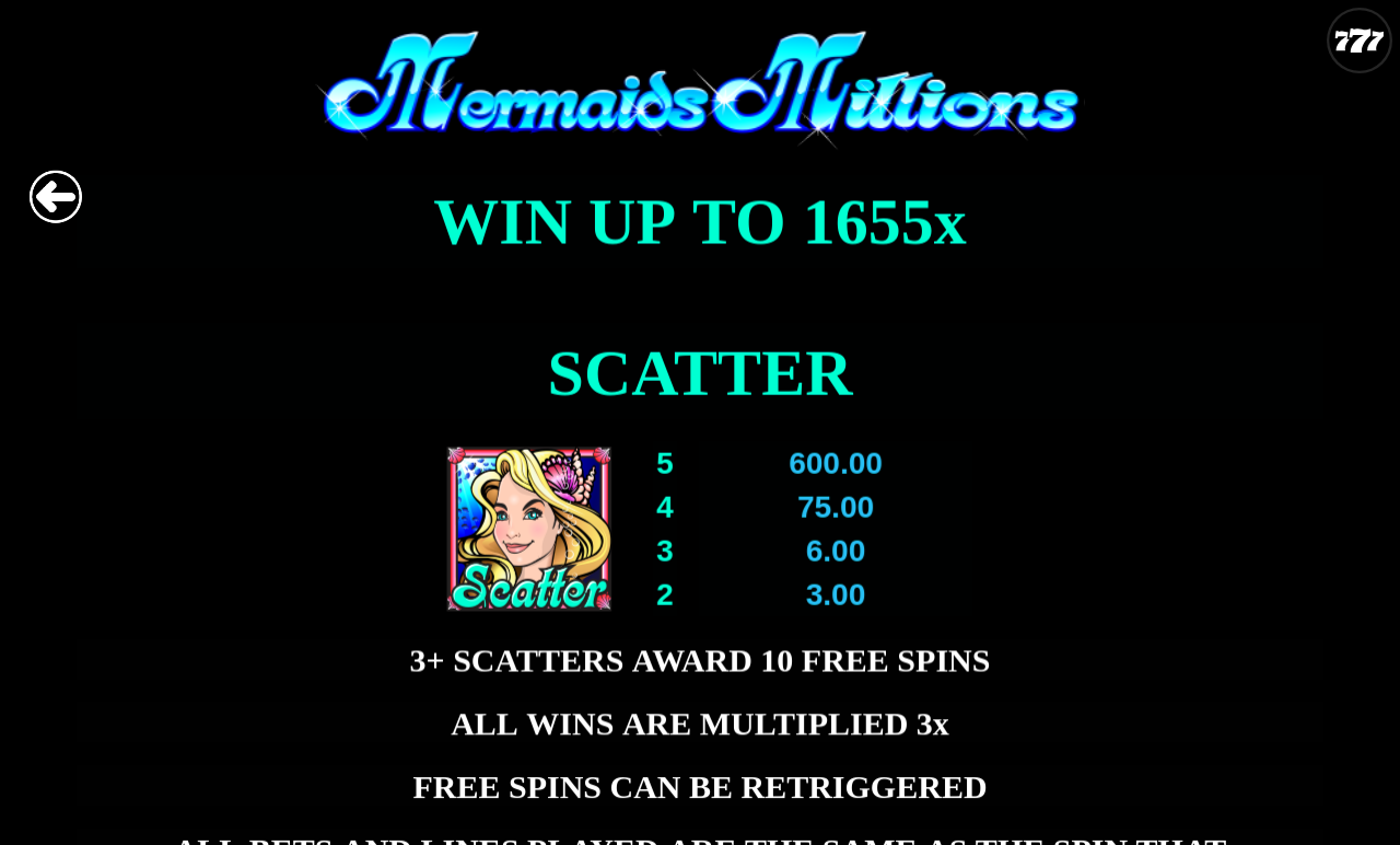 Mermaids Millions information screen