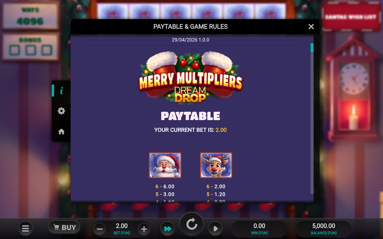 Merry Multipliers Dream Drop paytable