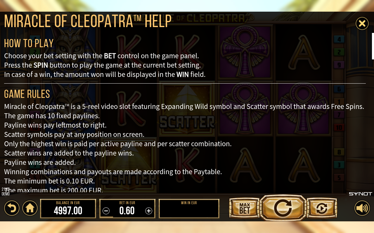 Miracle of Cleopatra information screen