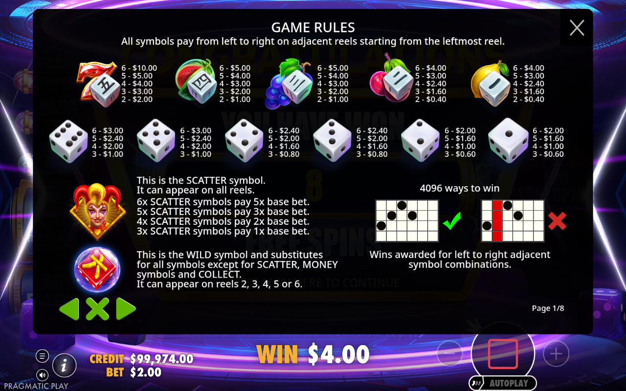 Money Stacks Dice information screen
