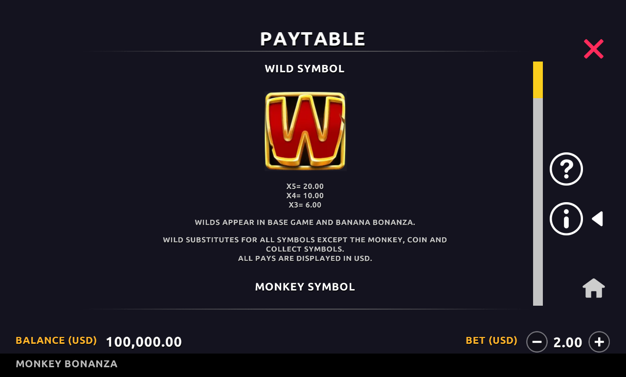 Monkey Bonanza information screen