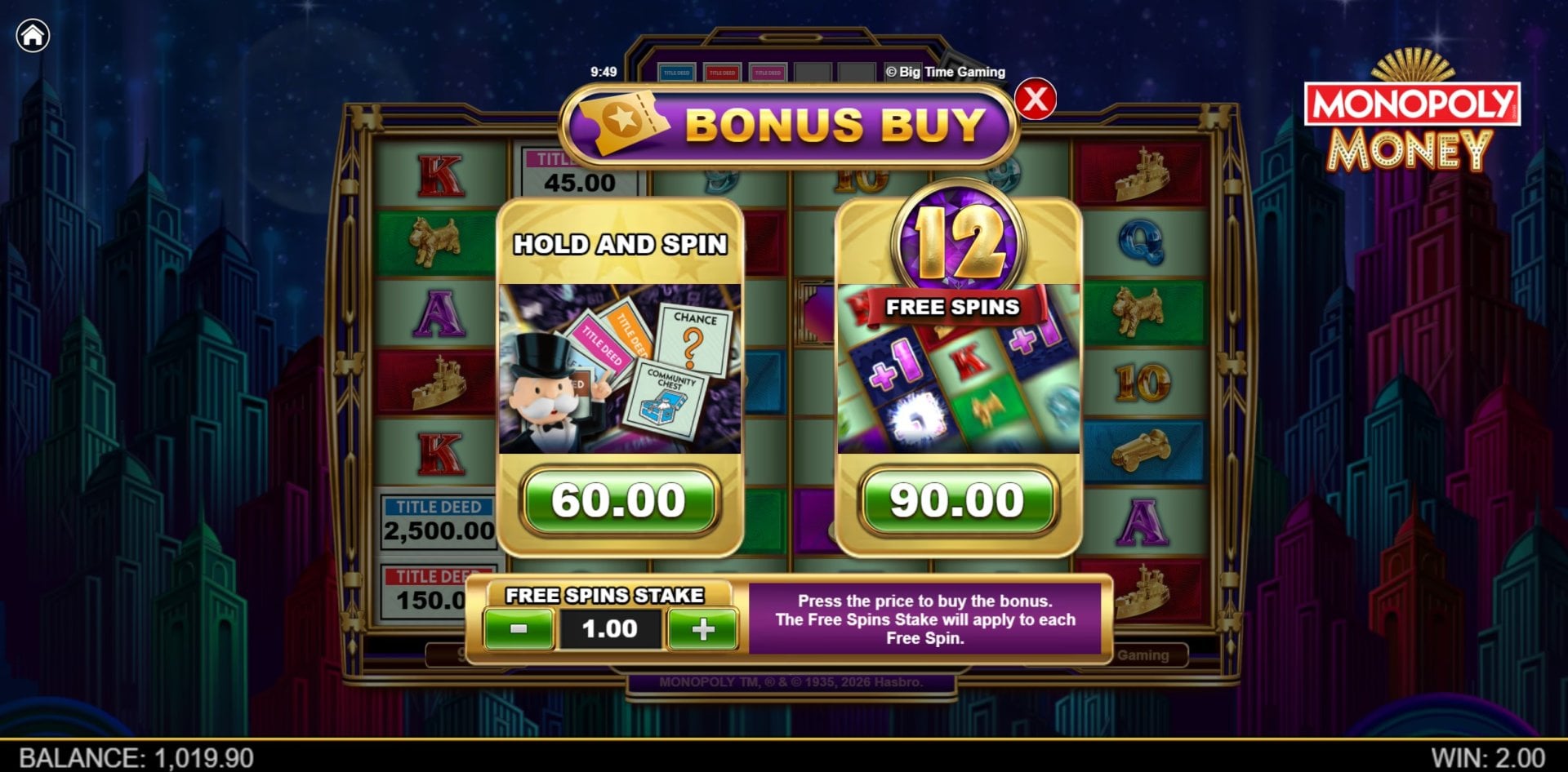 Monopoly Money Bonus Buy options