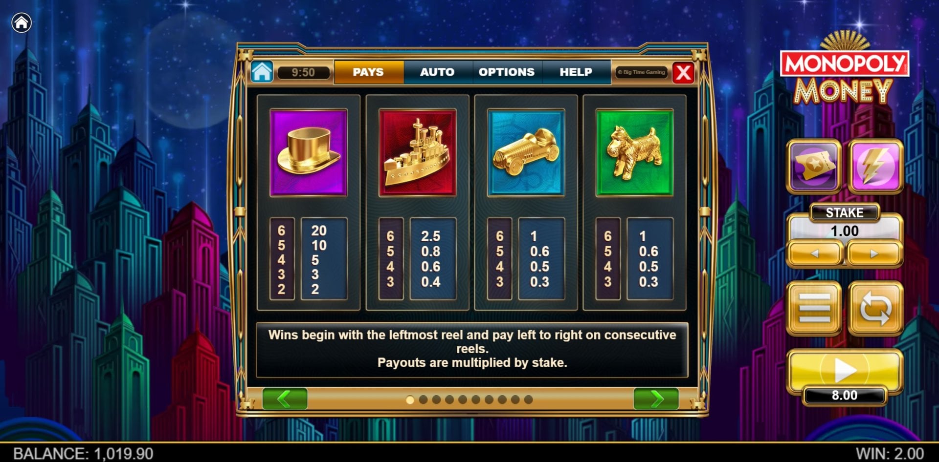Monopoly Money paytable