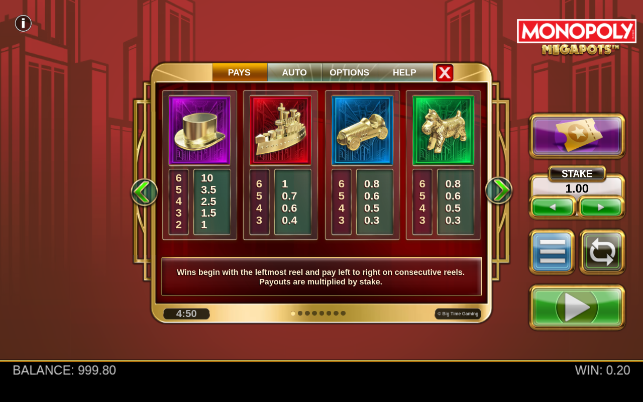Monopoly Megapots information screen