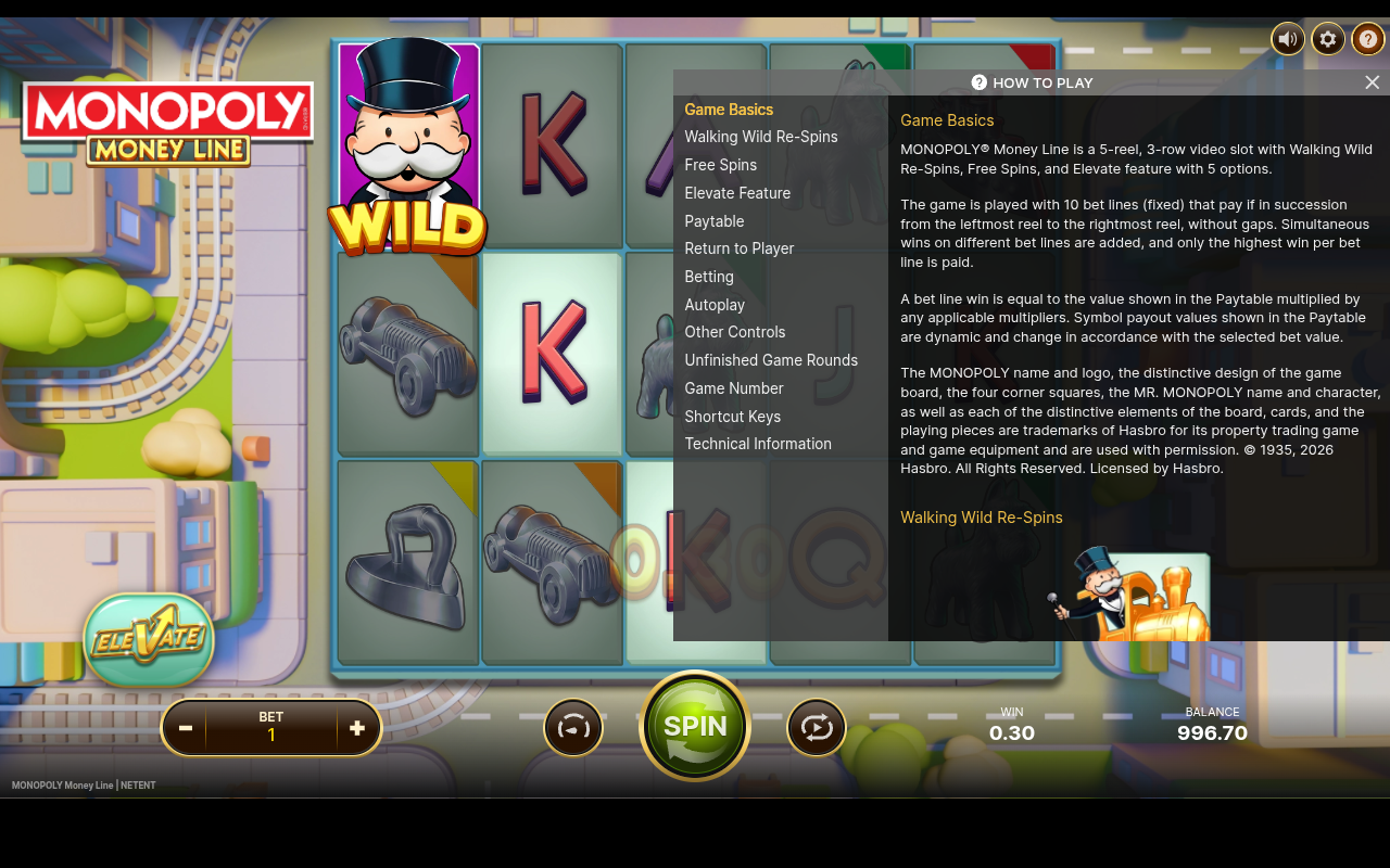 MONOPOLY Money Line information screen