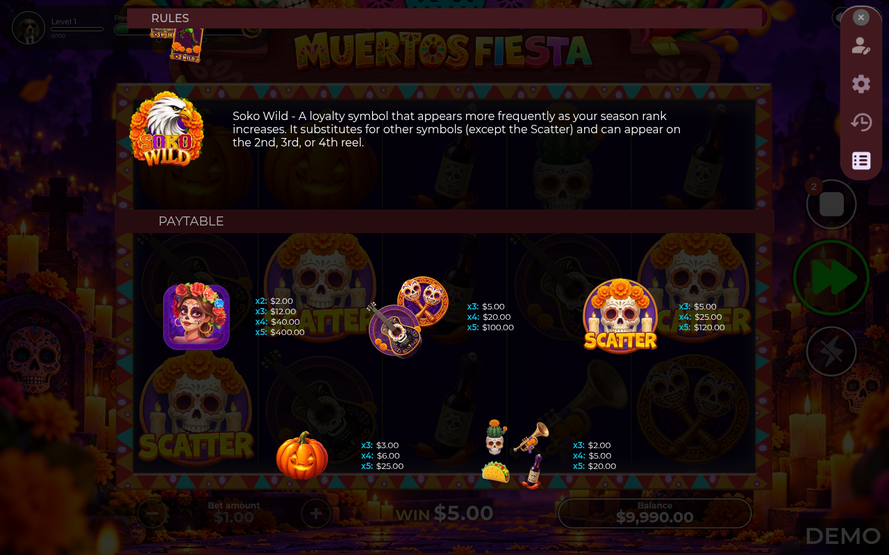 Muertos Fiesta information screen