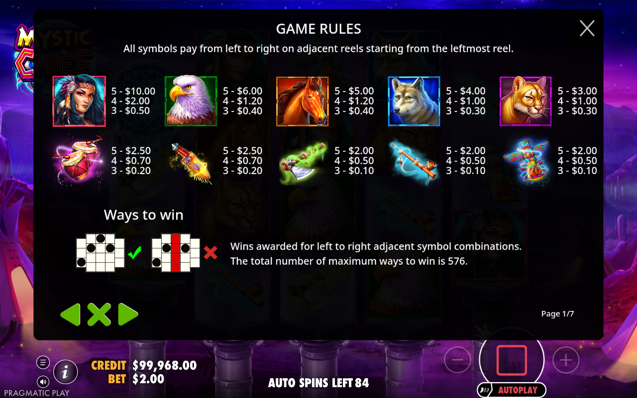 Mystic Chief information screen showing wild, bonus and scatter rules