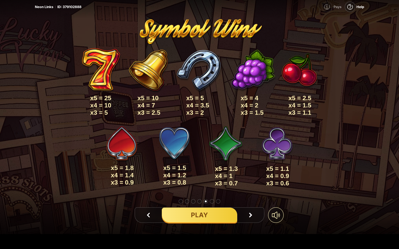 Neon Links symbol wins information screen