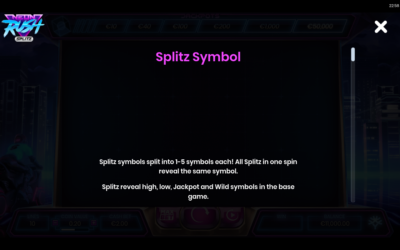 Neon Rush Splitz information screen