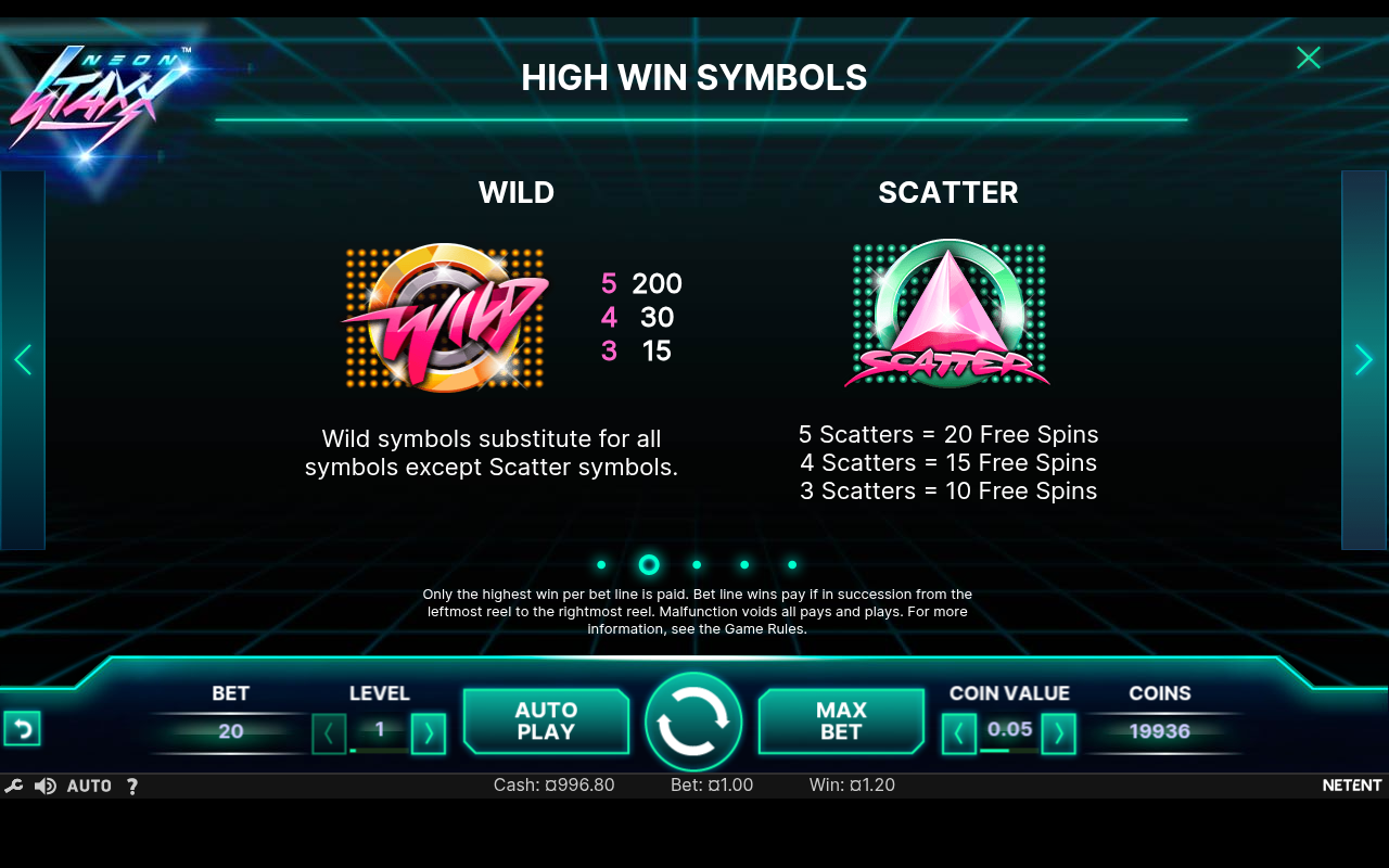 Neon Staxx high win symbols and scatter pays screen