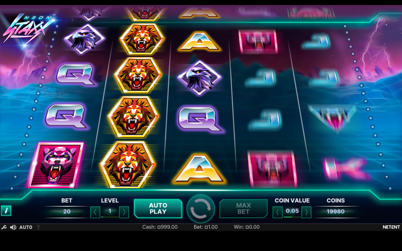 Neon Staxx gameplay with stacked lion symbols