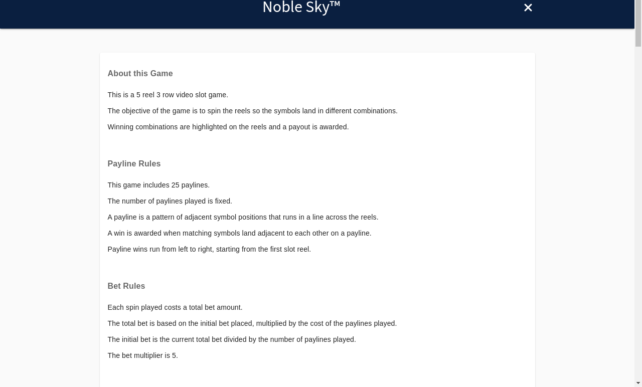 Noble Sky information screen
