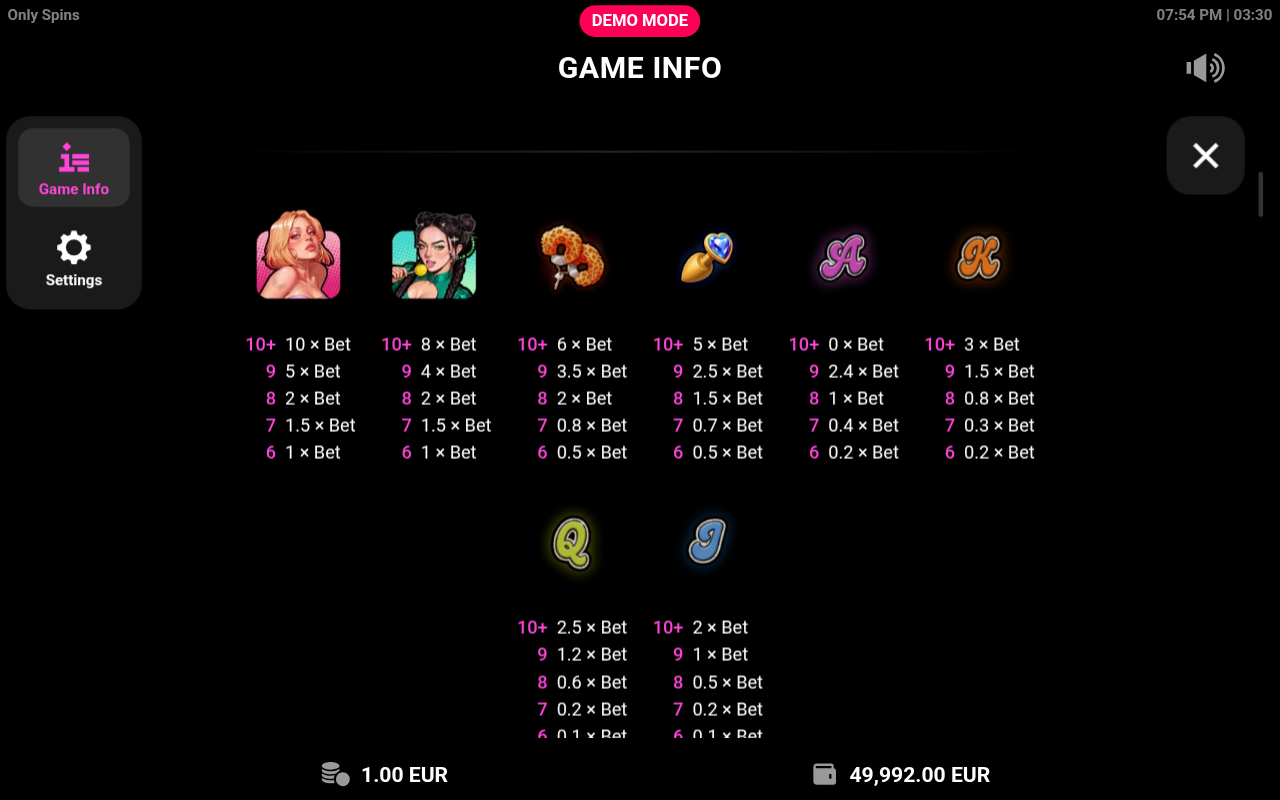 Only Spins information screen
