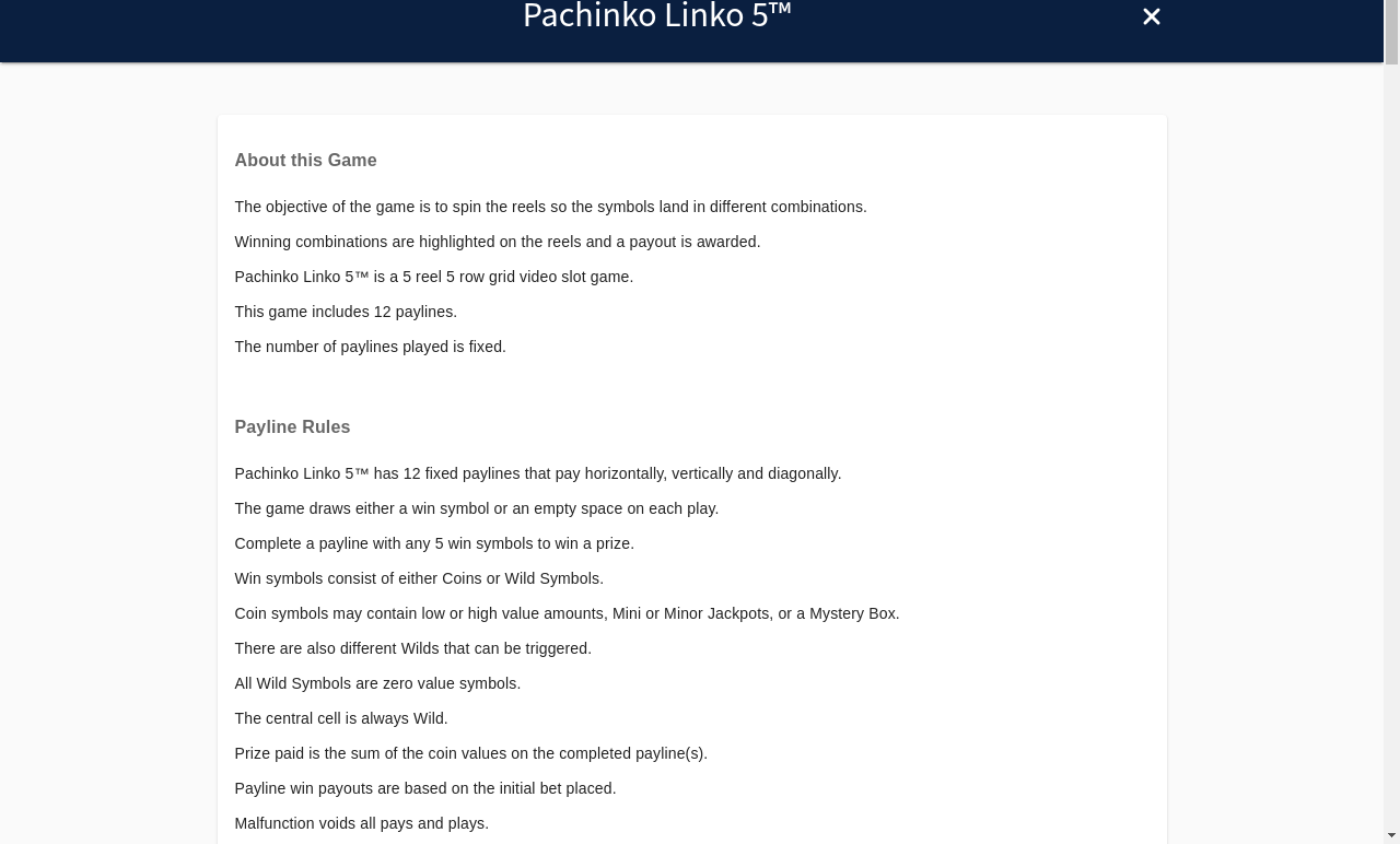 Pachinko Linko 5 information screen