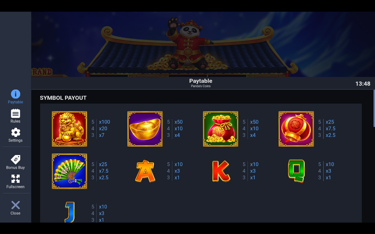 Panda’s Coins information screen