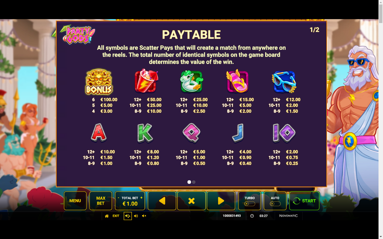 Party Gods information screen