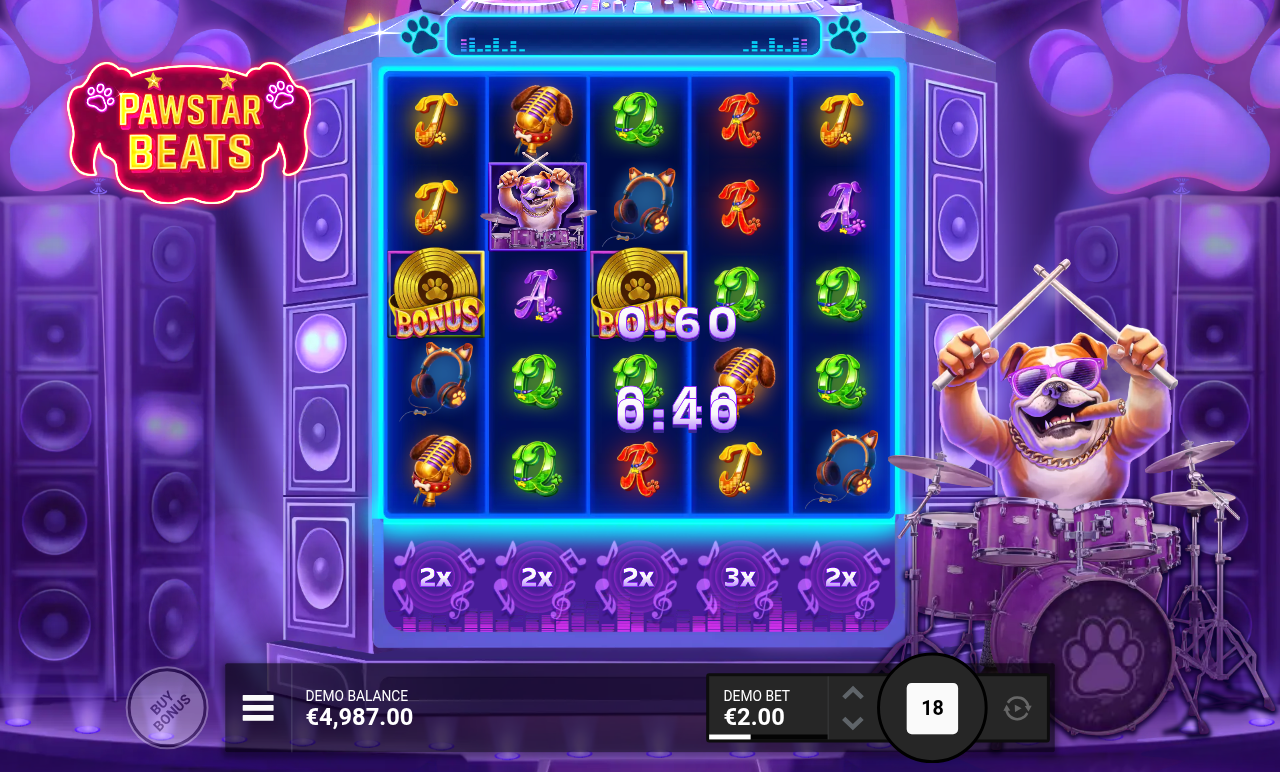 Pawstar Beats gameplay with Beat Boost multipliers on the grid