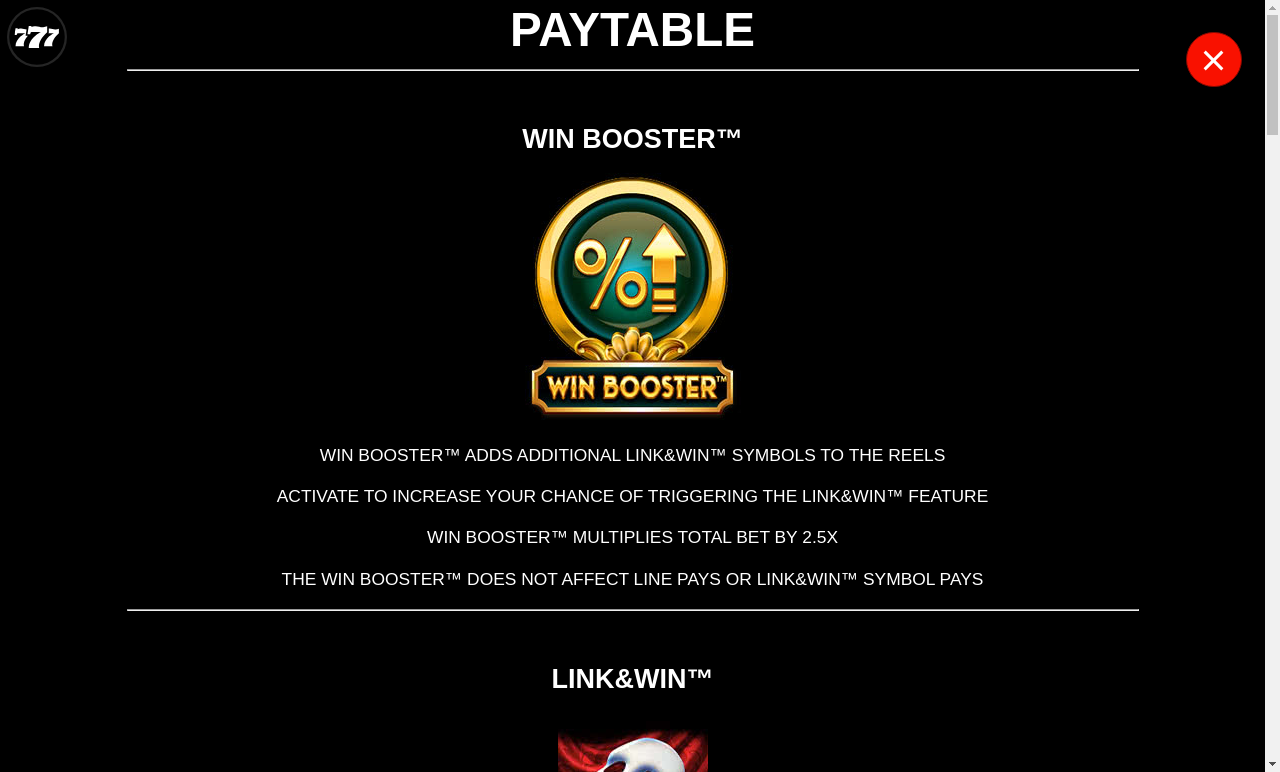 The Phantom of the Opera Link & Win information screen