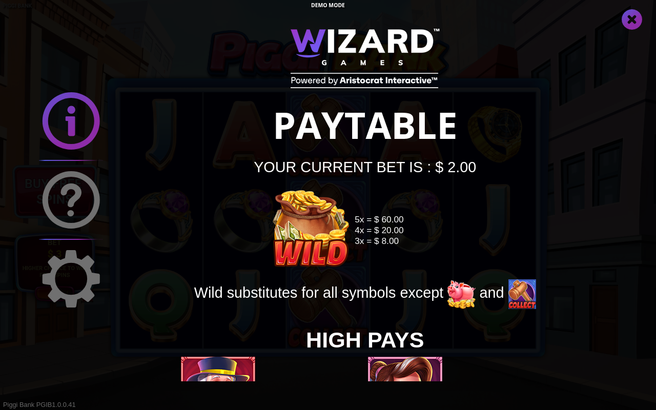 Piggi Bank information screen