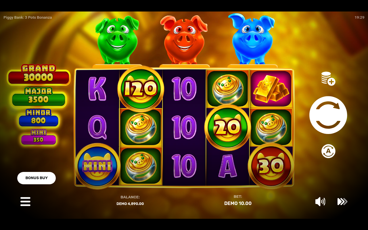 Piggy Bank: 3 Pots Bonanza bonus symbols landing on the reels