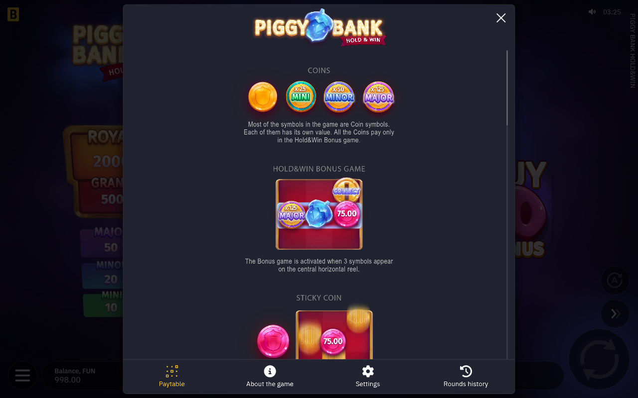 Piggy Bank Hold & Win information screen