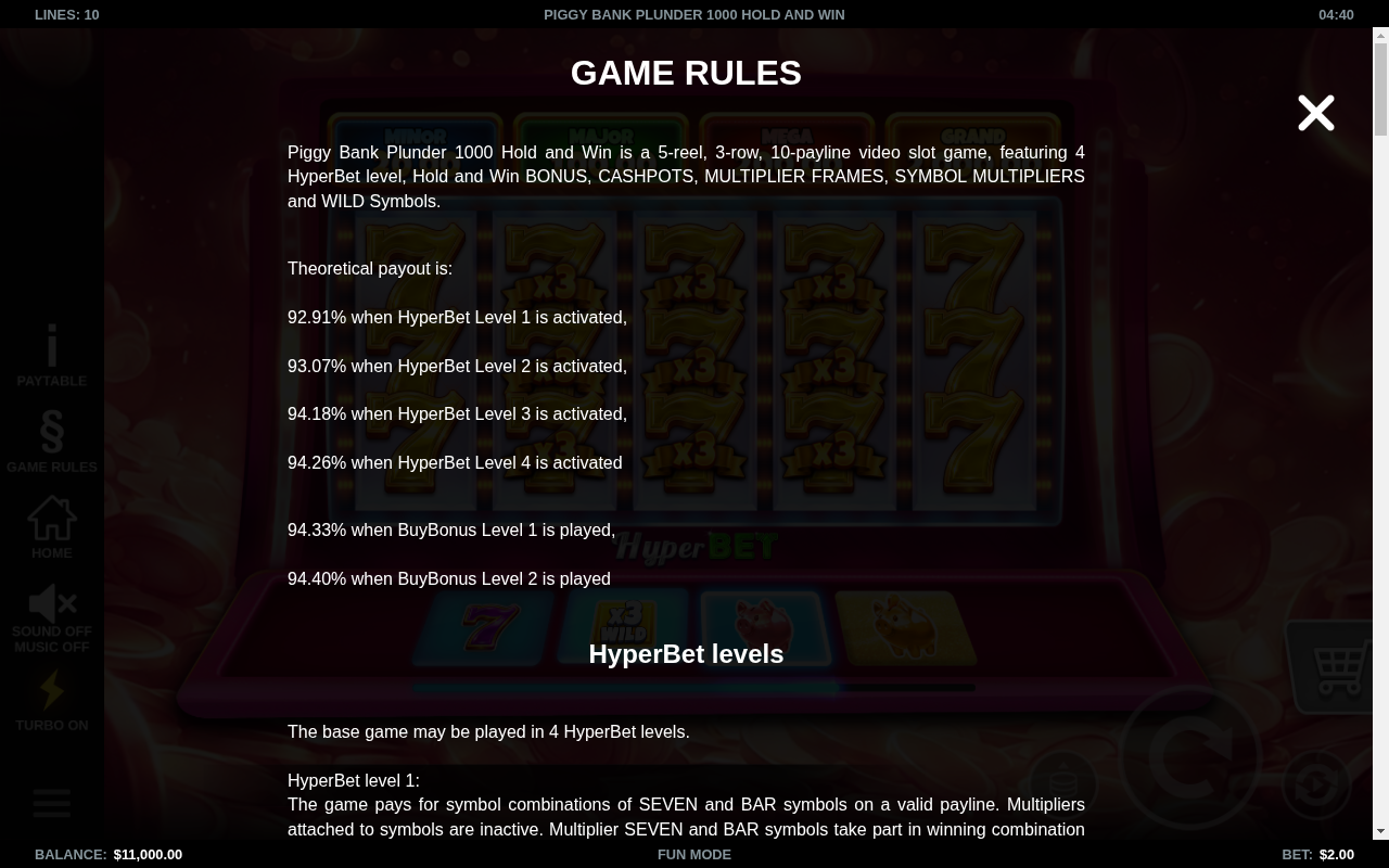 Piggy Bank Plunder 1000 Hold and Win information screen