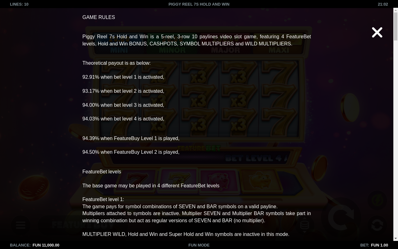 Piggy Reel 7s Hold and Win information screen