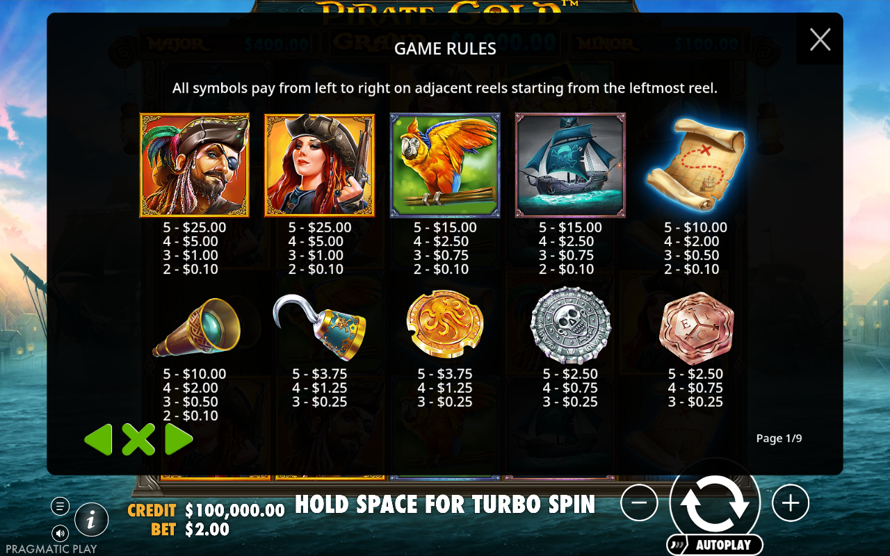 Pirate Gold information screen