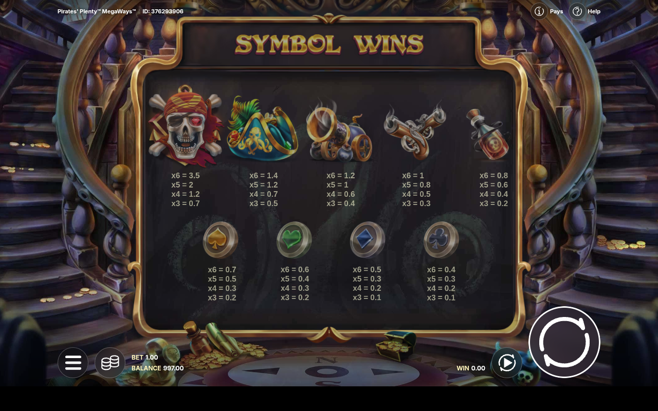 Pirates Plenty Megaways symbol wins information screen