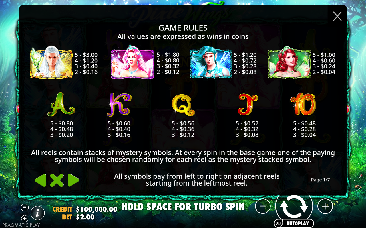 Pixie Wings information screen