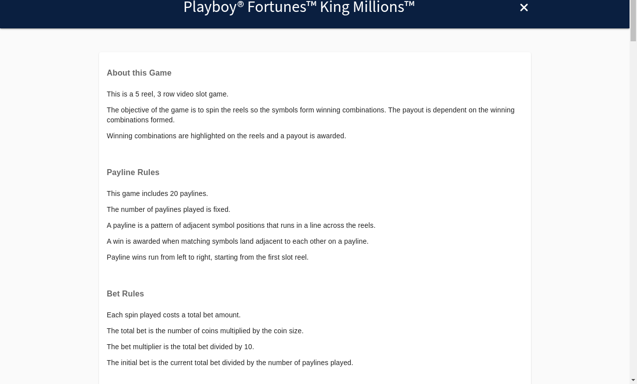 Playboy Fortunes King Millions information screen