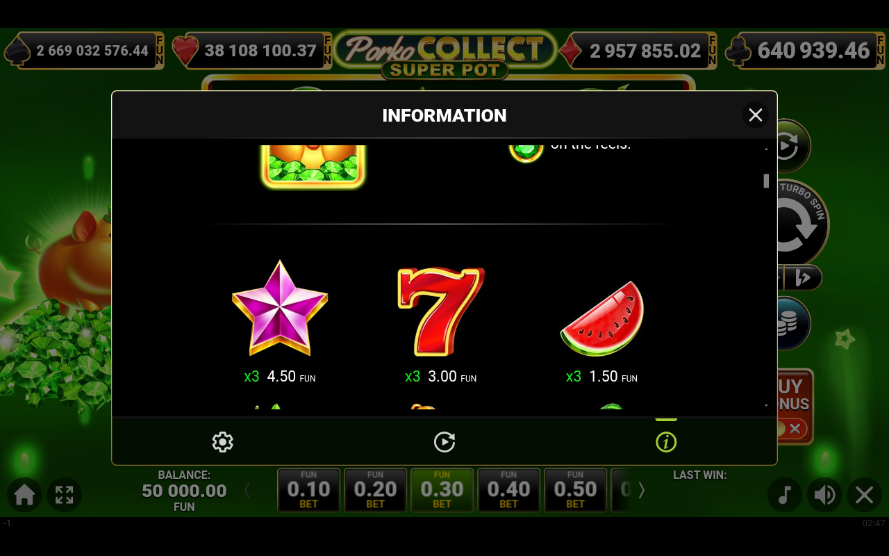 Porko Collect Super Pot information screen