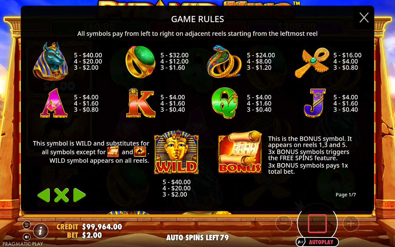 Pyramid King wild and bonus symbol rules
