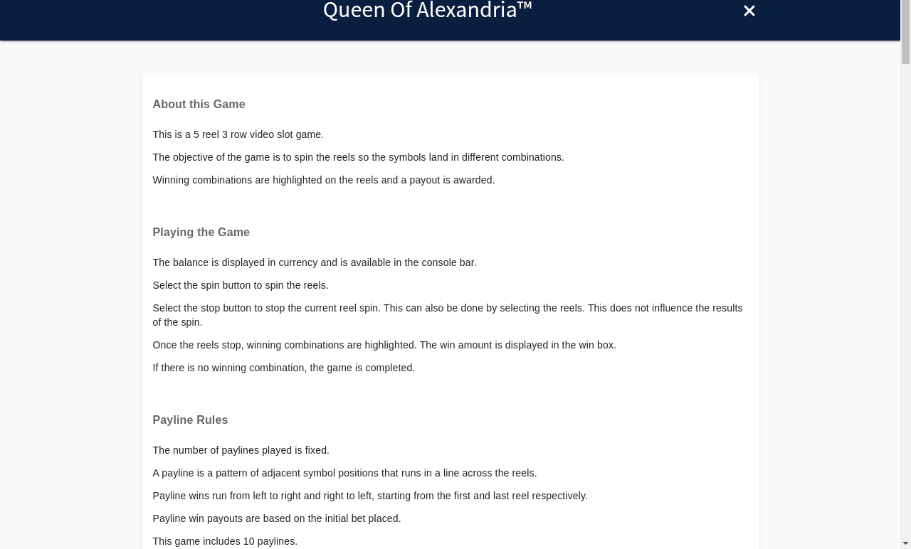 Queen of Alexandria information screen