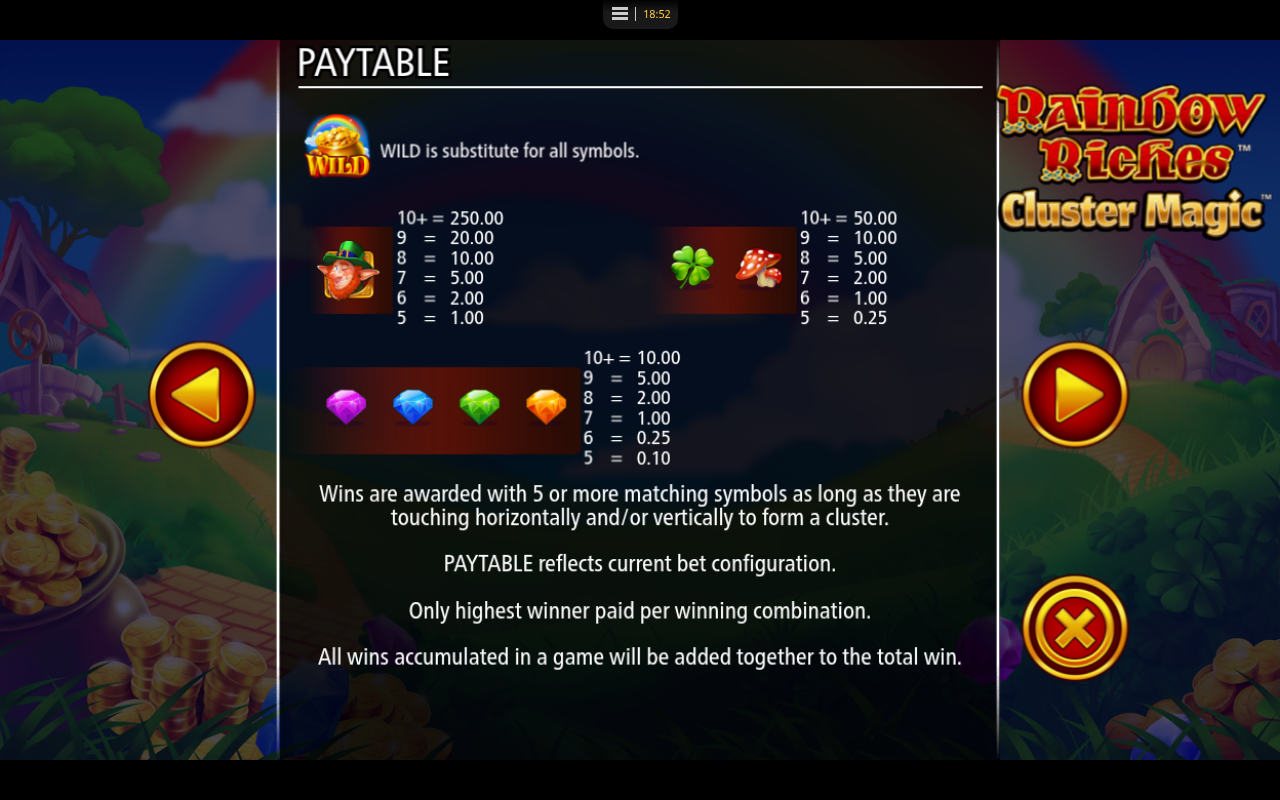 Rainbow Riches Cluster Magic information screen